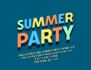 Fototapeta na wymiar Vector Bright Color Banner Summer Party. 3D Youth Font with Shadow. Modern isometric Alphabet Letters, Numbers and Symbols