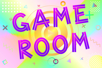 Obraz premium game room text, colorful lettering in modern gradient on bright geometric pattern background, stock vector illustration