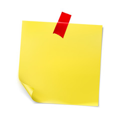 Yellow stick paper note with red tape on white background. Vector illustration. Can be use for your design, presentation, promo, adv. EPS10.