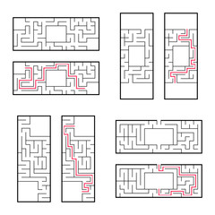 A set of rectangular mazes for children. A puzzle game. Simple flat vector illustration isolated on white background. With the correct answer.