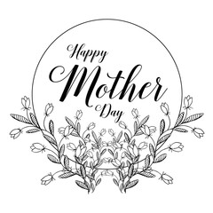 Happy Mother's Day text with flowers on red background. Hand drawn lettering as Mother's day logo, badge, icon