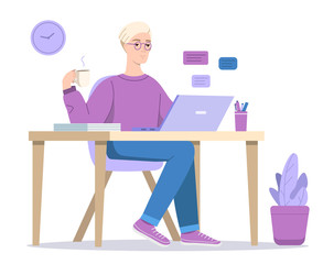 Man at computer vector illustration of boy texting in chat in laptop with coffee sitting at table. Cartoon designer, social media blogger or office manager in glasses at home or workplace