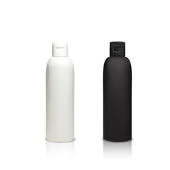 Cosmetic plastic bottles vector illustration of 3d realistic containers for shower gel, shampoo or lotion and cream or face cleaner and liquid soap. Isolated black and white opaque mockup models