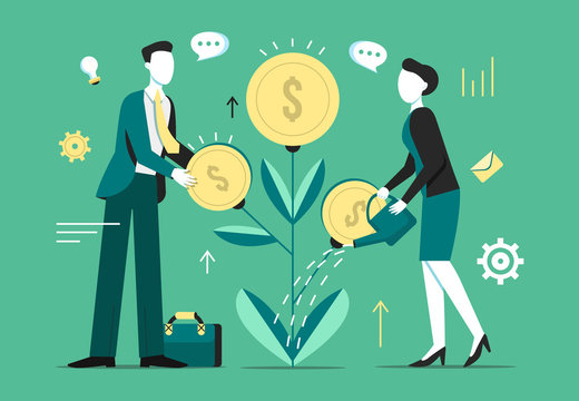 Investment tree growth vector illustration of businessman profit income of money coins on tree and woman with watering can. Cartoon flat commerce and business income concept