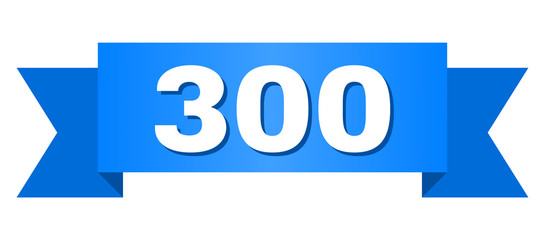300 text on a ribbon. Designed with white caption and blue stripe. Vector banner with 300 tag.
