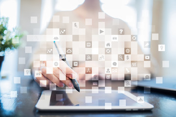 Virtual screen interface with applications icons. APPS. Work Business process in modern office....