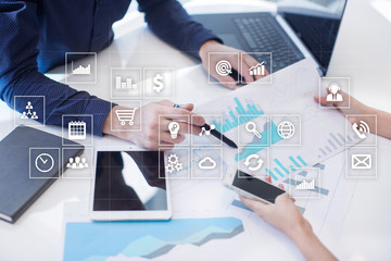 Virtual screen interface with applications icons. APPS. Work Business process in modern office....
