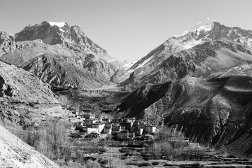 A view of the Thorung La pass from the Muktinah valley along the Annapurna circuit trek in the Himalayas in Nepal