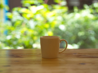 Closeup White Cofee Cup  with Green leaf bokeh.