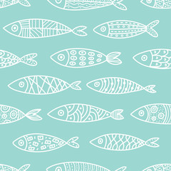 Line fish. Seamless pattern with cute ornamental fish. Sea background.