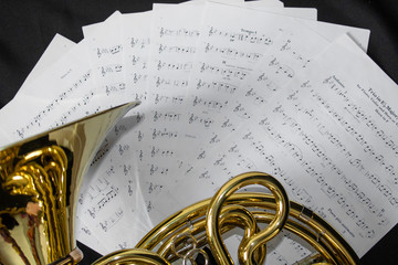 Musical instrument French horn lies on a black background with notes