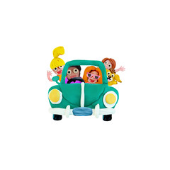 Family trip by retro car 3D illustration isolated on white background
