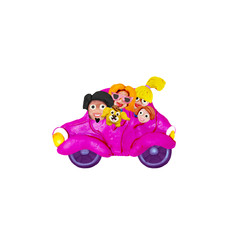 Family trip by retro car 3D illustration isolated on white background
