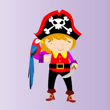 happy cute kids pirate seaman robber sailor burglar buccaneer parrot cartoon character