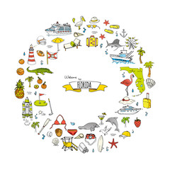 Hand drawn doodle Florida icons set. Vector illustration, isolated symbols collection of USA state, Cartoon elements Alligator Manatee Yacht Cruise sheep Fishing boat Golf American football Palm trees