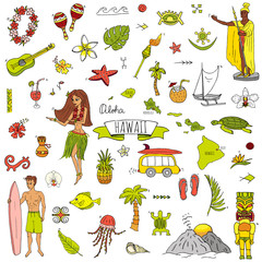 Hand drawn doodle Hawaii icons set Vector illustration isolated symbols collection of hawaiian symbols Cartoon elements: USA state map Honolulu State Hula girl Surfing guy Volcano Guitar Paradise Art