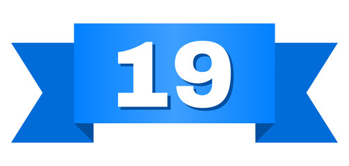 19 text on a ribbon. Designed with white caption and blue stripe. Vector banner with 19 tag.