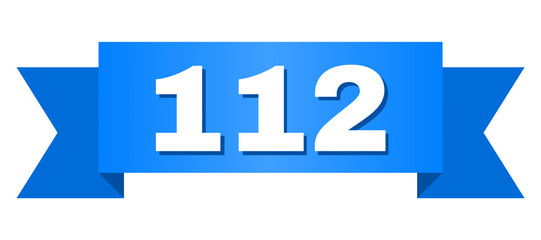 112 text on a ribbon. Designed with white caption and blue stripe. Vector banner with 112 tag.
