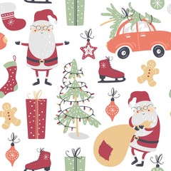 Christmas seamless pattern with Santa Claus, socks, car, christmas tree and gifts on white background. Vector illustration.