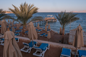 Beach in Egypt, palms and sun beds, pier