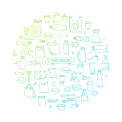 Hand drawn doodle Stop plastic pollution icons set Vector illustration sketchy symbols collection Cartoon concept elements Bag Bottle Recycle sign Package Disposal waste Contamination disposable dish