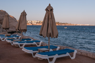 Fototapeta na wymiar Beach in Egypt, palms and sun beds