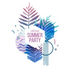Fototapeta premium Template geometric design for summer season sales. Layout with geometric elements, watercolor texture and tropical leaf. Modern banner with decor leaves and flowers for party or offer. Vector