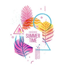 Fototapeta na wymiar Template geometric design for summer season sales. Layout with geometric elements, watercolor texture and tropical leaf. Modern banner with decor leaves and flowers for party or offer. Vector