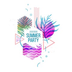 Template geometric design for summer season sales. Layout with geometric elements, watercolor texture and tropical leaf. Modern banner with  decor leaves and flowers for party or offer. Vector