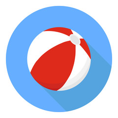 Beach ball. A beach ball of red color on a blue background with a shadow.