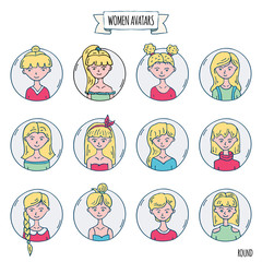 Hand drawn doodle set of people avatar icons. Vector illustration set. Cartoon blonde women symbol Sketchy elements collection: girls with various hairdress, hairstyle, clothing, clothes, t-shirts