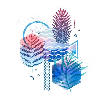 Template geometric design for summer season sales. Abstract background with watercolor texture and tropical leaf. Modern banner with decor  exotic plants and wave for party and advertisement. Vector.
