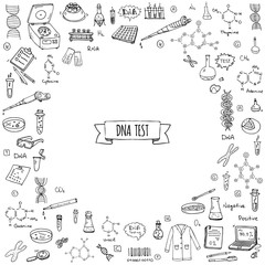 Hand drawn doodle DNA test icons set. Vector illustration. Medical lab symbol collection. Cartoon nano technology, medicine, genome elements: research tools, substance, molecules, nitrogenous bases