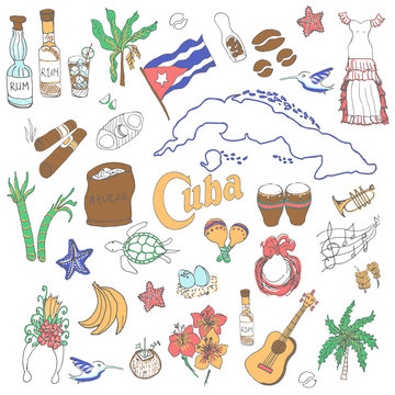 Set of hand drawn Cuba icons, Cuban sketch illustration, doodle elements, Isolated national elements made in vector. Travel to Cuba concept for cards and web pages Caribbean cartoon objects collection