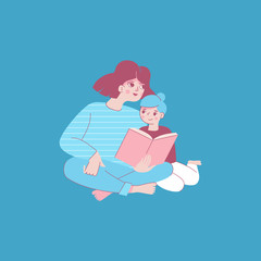 Vector illustration in trendy flat linear style - happy mother reading a book with child