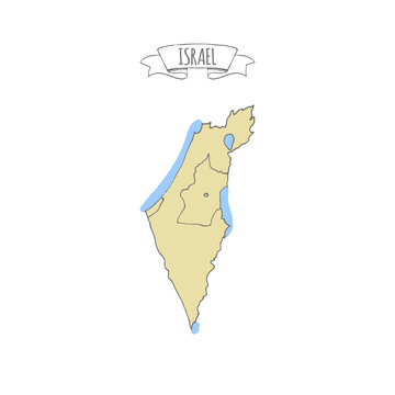 Hand drawn vector illustrated map of Israel Jewish sketch illustration, doodle element Isolated national map made in vector Sand colors Geographical map showing desert and planted areas. Doodle ribbon