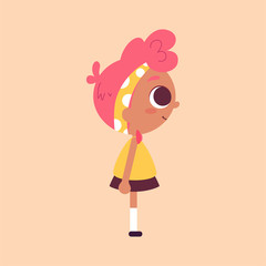 Vector illustration of a cute girl, character design. Dark skin beauty with pink hair. Cartoon art.  
