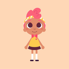 Vector illustration of a cute girl, character design. Dark skin beauty with pink hair. Cartoon art.  