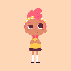 Vector illustration of a cute girl, character design. Dark skin beauty with pink hair. Cartoon art.  