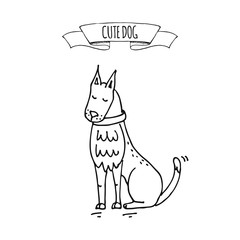 Hand drawn doodle cute calm sitting dog icon Vector illustration Cartoon normal everyday home pets activities symbol. Sketchy puppy ready to go walk with collar
