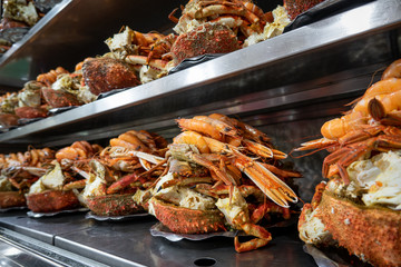 Seafood platter in a row prepared to be served