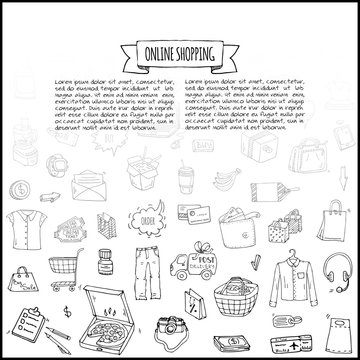 Hand drawn doodle set of Online shopping icons. Vector illustration set. Cartoon buying symbols. Sketchy elements collection: laptop, sale, food, grocery, clothing, cart, wallet, credit card, tag, bag