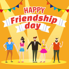 Celebrating Group of happy friends enjoying Friendship Day. Modern graphic. Cartoon style illustration for your design. Poster, baner, greeting card.