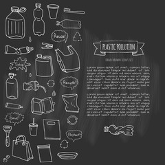 Hand drawn doodle Stop plastic pollution icons set Vector illustration sketchy symbols collection Cartoon concept elements Bag Bottle Recycle sign Package Disposal waste Contamination disposable dish