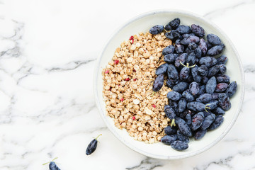 Fresh ripe honeysuckle berries and muesli in a ceramic bowl on a grey marble table. Healthy...