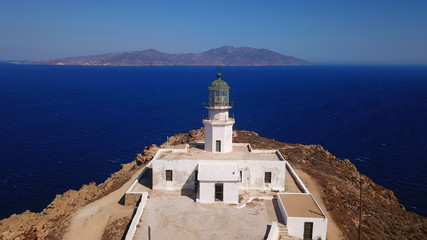 Aerial drone bird's eye view photo of iconic lighthouse in area of Armenistis with stunning views to the Aegean
