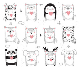 Vector line drawing collection of animals. Doodle illustration