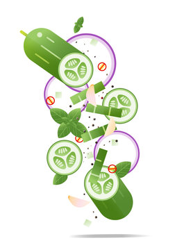 Flying fresh cucumbers and spices concept , healthy food background , vector, illustration