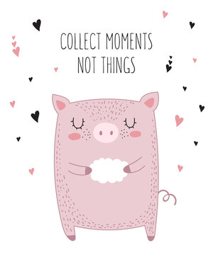Vector line drawing pig with slogan about friendship. Doodle illustration