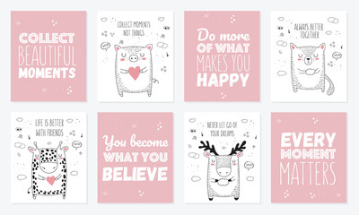 Vector set of postcards with animals and slogan about friend. Doodle illustrations with lettering